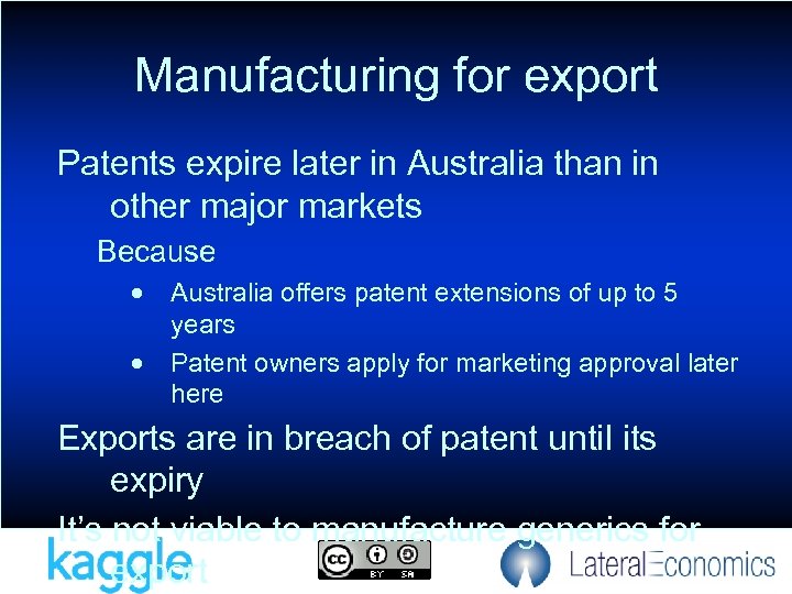 Manufacturing for export Patents expire later in Australia than in other major markets Because