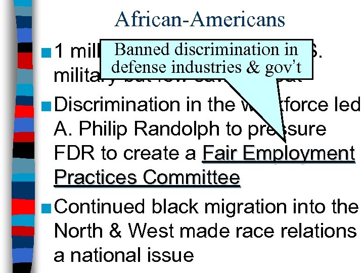 African-Americans Banned discrimination in ■ 1 million blacks served in U. S. defense industries