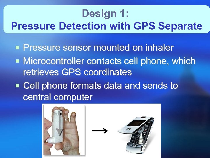 Design 1: Pressure Detection with GPS Separate ¡ Pressure sensor mounted on inhaler ¡