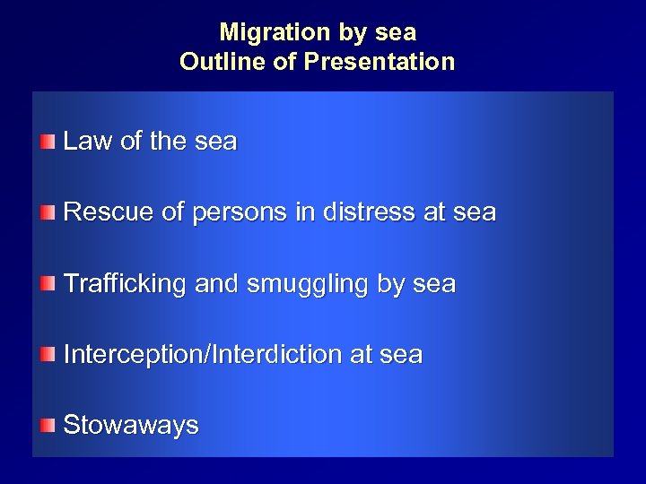 Migration by sea Outline of Presentation Law of the sea Rescue of persons in