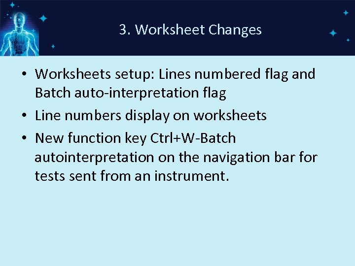 3. Worksheet Changes • Worksheets setup: Lines numbered flag and Batch auto-interpretation flag •