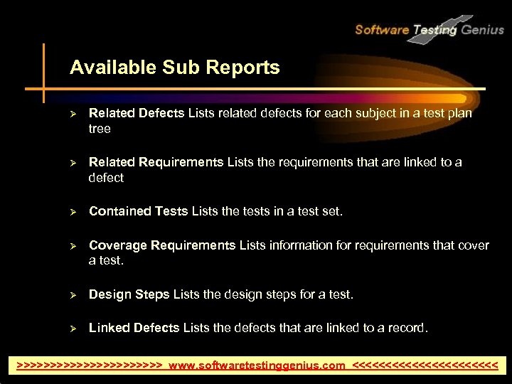 Available Sub Reports Ø Related Defects Lists related defects for each subject in a