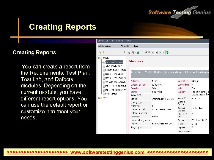 Creating Reports: You can create a report from the Requirements, Test Plan, Test Lab,