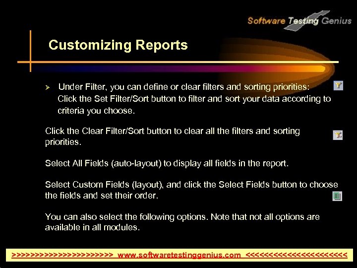 Customizing Reports Under Filter, you can define or clear filters and sorting priorities: Click
