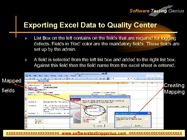 Exporting Excel Data to Quality Center Ø Ø Mapped fields List Box on the