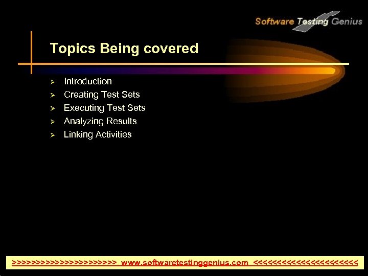 Topics Being covered Ø Ø Ø Introduction Creating Test Sets Executing Test Sets Analyzing