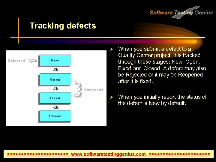 Tracking defects Ø When you submit a defect to a Quality Center project, it