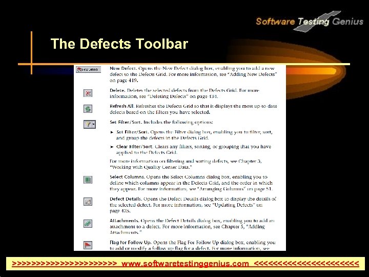 The Defects Toolbar >>>>>>>>>>> www. softwaretestinggenius. com <<<<<<<<<<< 