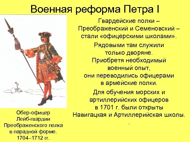 Военная реформа Петра I Обер-офицер Лейб-гвардии Преображенского полка в парадной форме. 1704– 1712 гг.