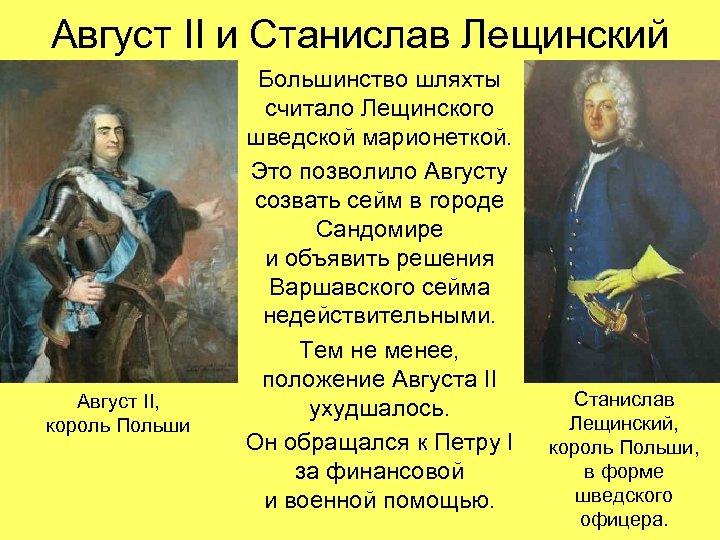 Август II и Станислав Лещинский Август II, король Польши Большинство шляхты считало Лещинского шведской