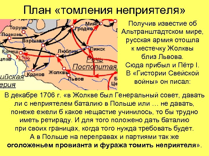 План «томления неприятеля» Получив известие об Альтранштадтском мире, русская армия отошла к местечку Жолквы