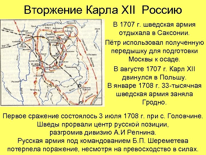 Вторжение Карла XII Россию В 1707 г. шведская армия отдыхала в Саксонии. Пётр использовал