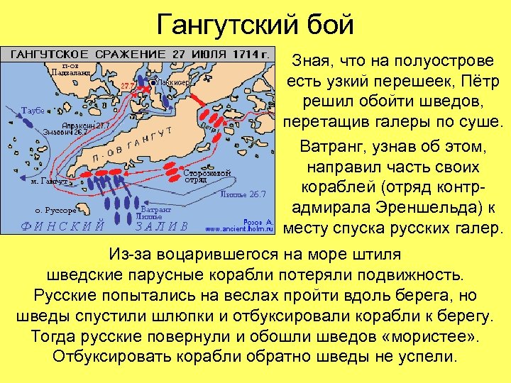 Гангутский бой Зная, что на полуострове есть узкий перешеек, Пётр решил обойти шведов, перетащив