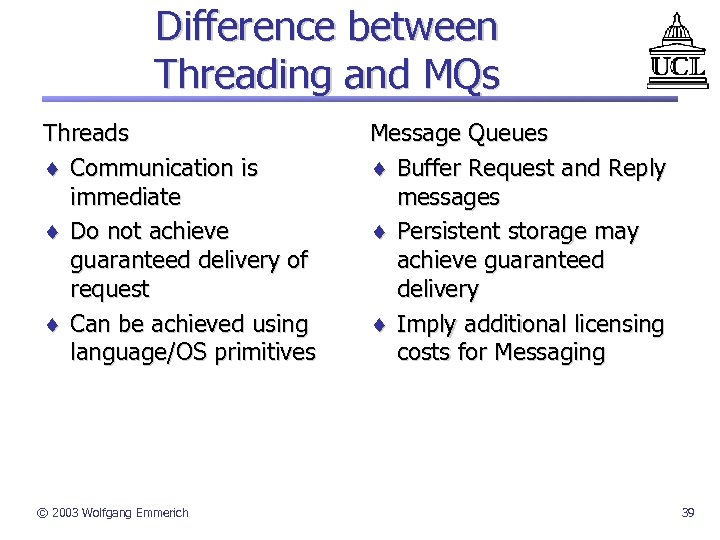 Difference between Threading and MQs Threads ¨ Communication is immediate ¨ Do not achieve