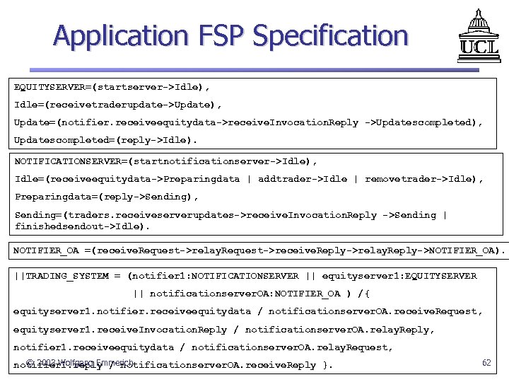 Application FSP Specification EQUITYSERVER=(startserver->Idle), Idle=(receivetraderupdate->Update), Update=(notifier. receiveequitydata->receive. Invocation. Reply ->Updatescompleted), Updatescompleted=(reply->Idle). NOTIFICATIONSERVER=(startnotificationserver->Idle), Idle=(receiveequitydata->Preparingdata |