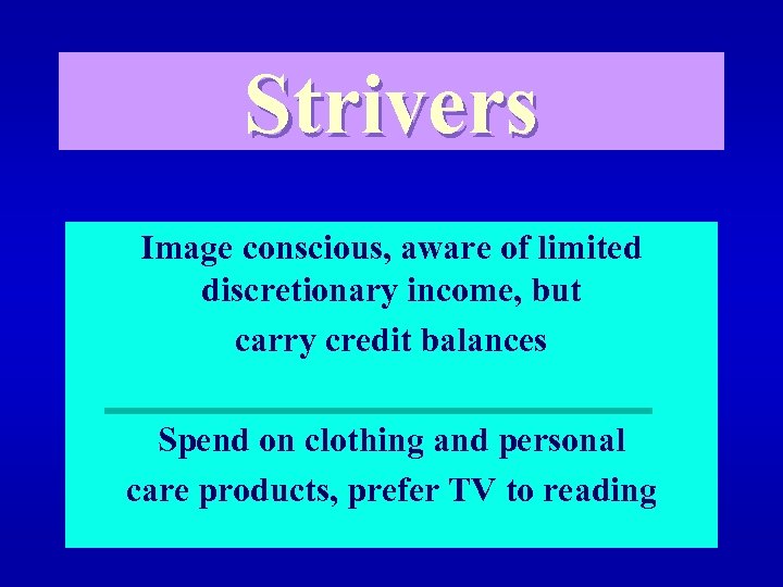 Strivers Image conscious, aware of limited discretionary income, but carry credit balances Spend on