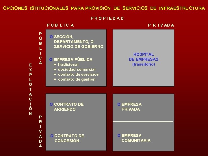OPCIONES ISTITUCIONALES PARA PROVISIÓN DE SERVICIOS DE INFRAESTRUCTURA PROPIEDAD PÚB LIC A E X