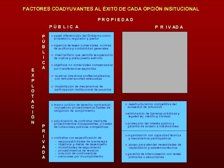 FACTORES COADYUVANTES AL ÉXITO DE CADA OPCIÓN INSITUCIONAL PROPIEDAD PÚB LIC A E X
