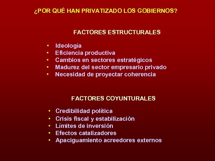 ¿POR QUÉ HAN PRIVATIZADO LOS GOBIERNOS? FACTORES ESTRUCTURALES • • • Ideología Eficiencia productiva