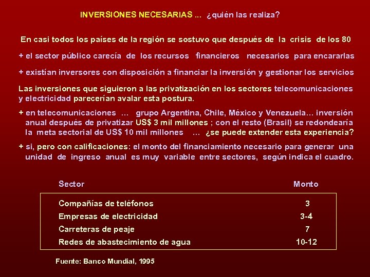 INVERSIONES NECESARIAS. . . ¿quién las realiza? En casi todos los países de la