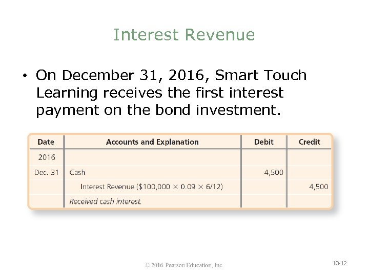 Interest Revenue • On December 31, 2016, Smart Touch Learning receives the first interest
