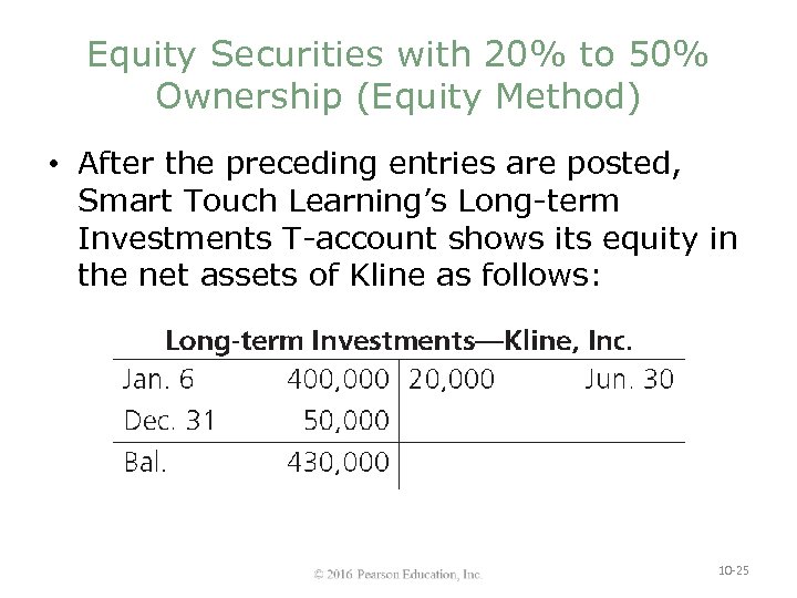 Equity Securities with 20% to 50% Ownership (Equity Method) • After the preceding entries