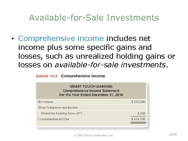 Available-for-Sale Investments • Comprehensive income includes net income plus some specific gains and losses,