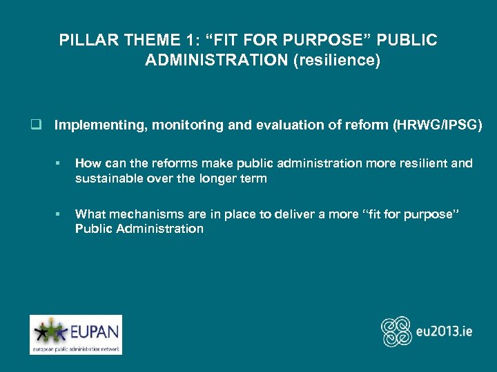 PILLAR THEME 1: “FIT FOR PURPOSE” PUBLIC ADMINISTRATION (resilience) q Implementing, monitoring and evaluation