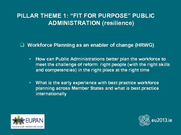 PILLAR THEME 1: “FIT FOR PURPOSE” PUBLIC ADMINISTRATION (resilience) q Workforce Planning as an