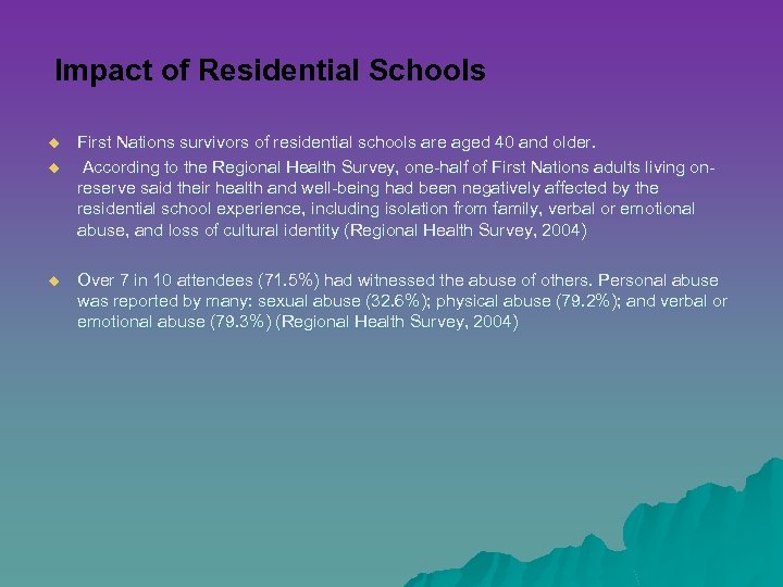 Impact of Residential Schools u u u First Nations survivors of residential schools are