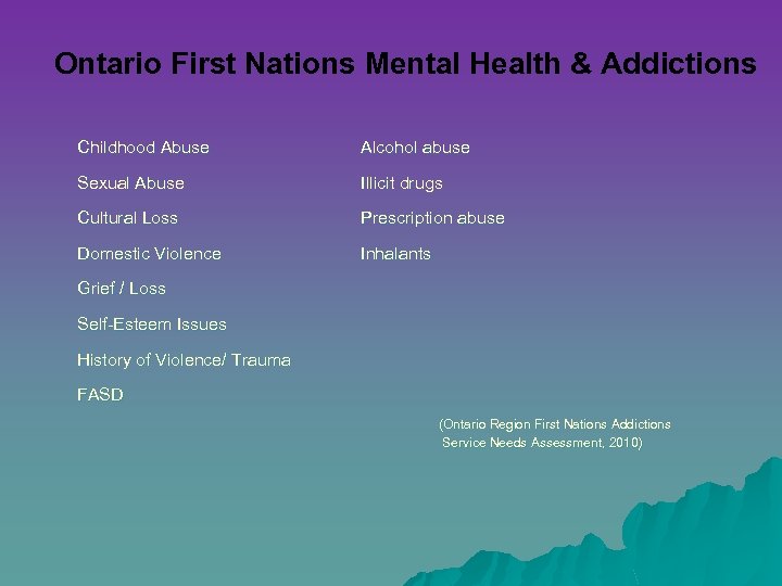 Ontario First Nations Mental Health & Addictions Childhood Abuse Alcohol abuse Sexual Abuse Illicit