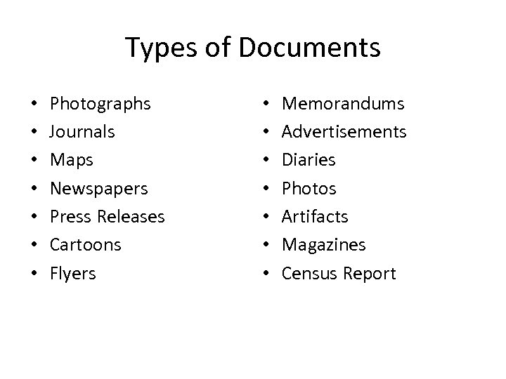 Types of Documents • • Photographs Journals Maps Newspapers Press Releases Cartoons Flyers •