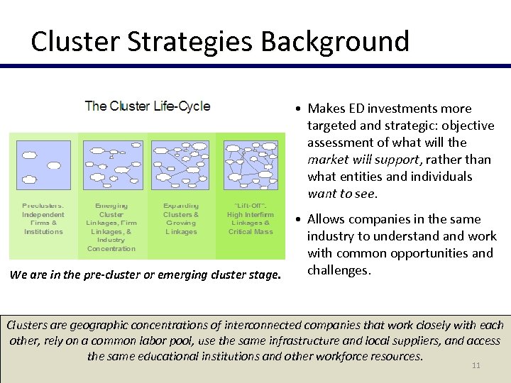 Cluster Strategies Background • Makes ED investments more targeted and strategic: objective assessment of