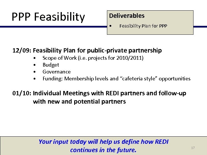 PPP Feasibility Deliverables • Feasibility Plan for PPP 12/09: Feasibility Plan for public-private partnership