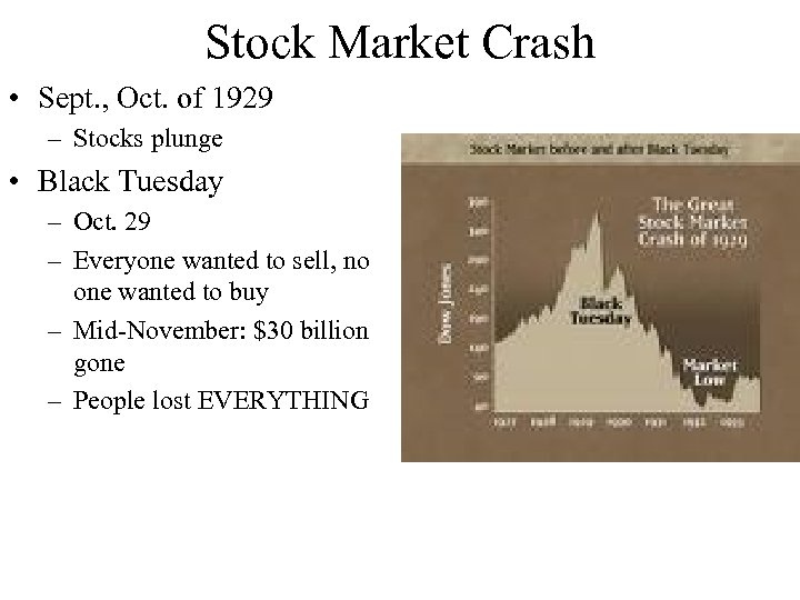 Stock Market Crash • Sept. , Oct. of 1929 – Stocks plunge • Black