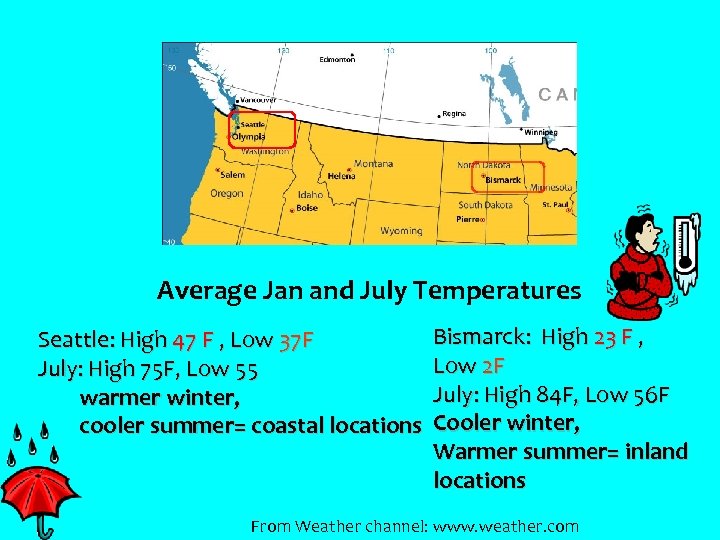 Average Jan and July Temperatures Seattle: High 47 F , Low 37 F July: