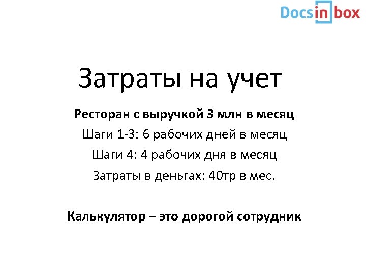 Затраты на учет Ресторан с выручкой 3 млн в месяц Шаги 1 -3: 6