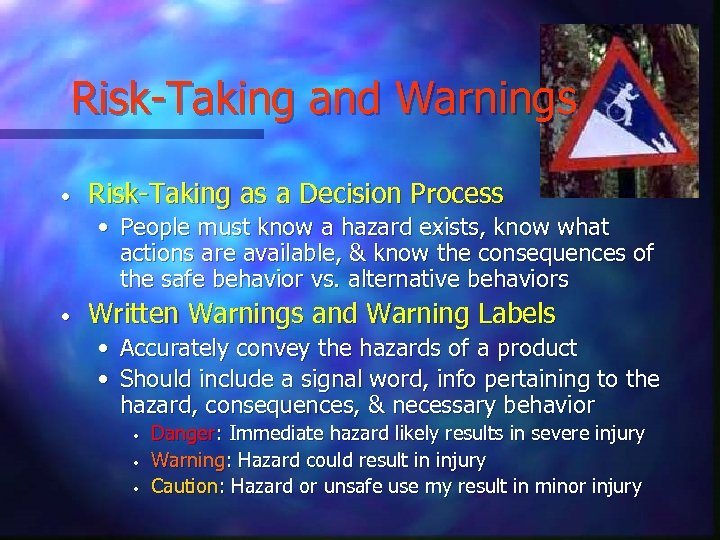 Risk-Taking and Warnings • Risk-Taking as a Decision Process • People must know a