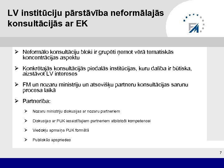 LV institūciju pārstāvība neformālajās konsultācijās ar EK Ø Neformālo konsultāciju bloki ir grupēti ņemot