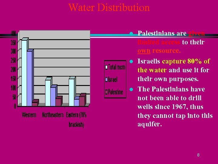 Water Distribution l l l Palestinians are given limited access to their own resource.