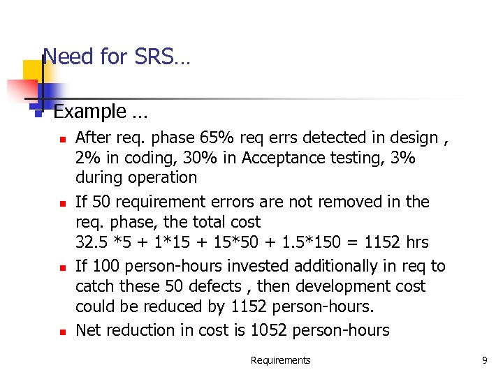 Need for SRS… n Example … n n After req. phase 65% req errs