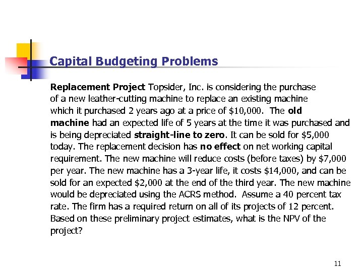 Capital Budgeting Problems Replacement Project Topsider, Inc. is considering the purchase of a new