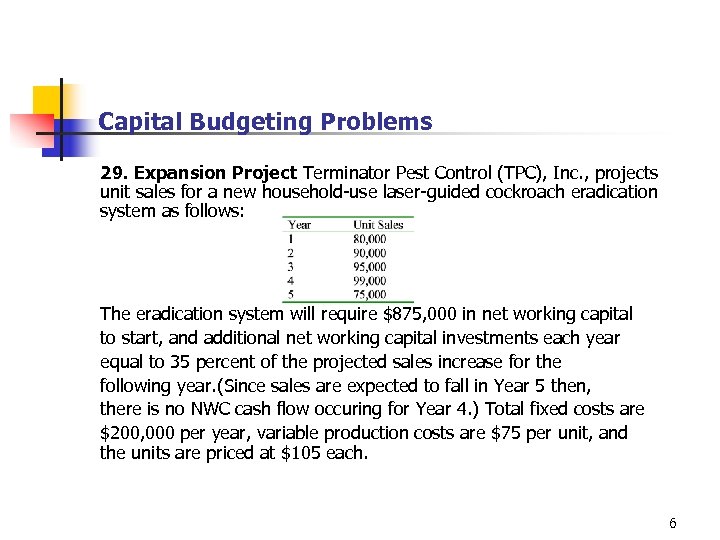 Capital Budgeting Problems 29. Expansion Project Terminator Pest Control (TPC), Inc. , projects unit