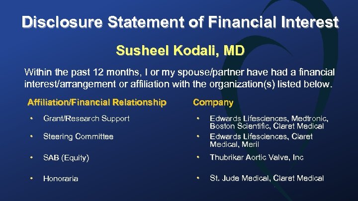 Disclosure Statement of Financial Interest Susheel Kodali, MD Within the past 12 months, I
