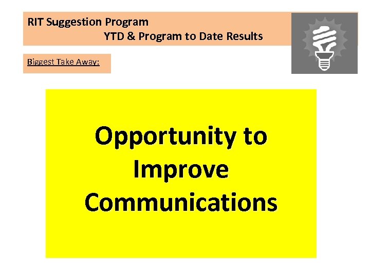 RIT Suggestion Program YTD & Program to Date Results Biggest Take Away: Opportunity to