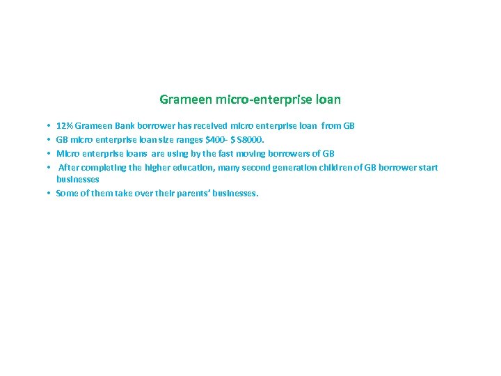 Grameen micro-enterprise loan 12% Grameen Bank borrower has received micro enterprise loan from GB