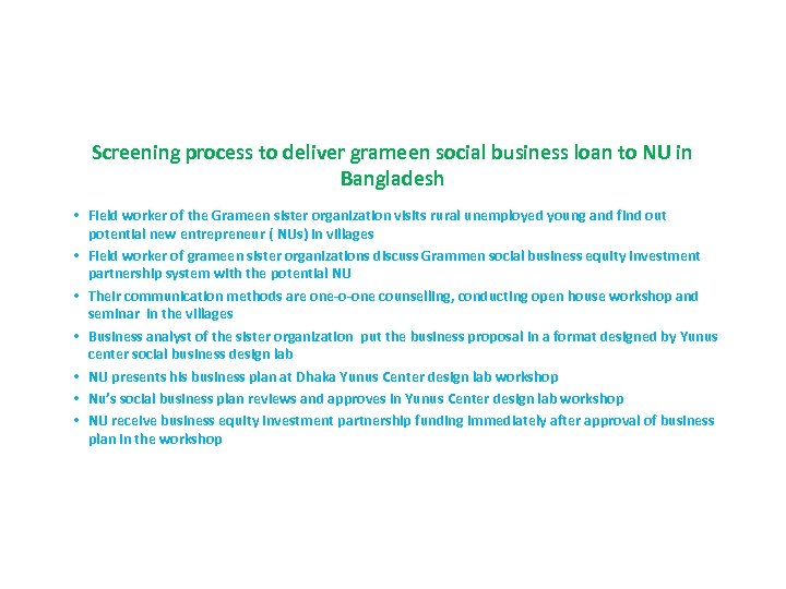 Screening process to deliver grameen social business loan to NU in Bangladesh • Field