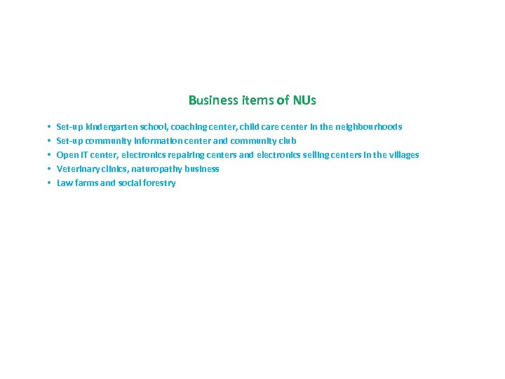Business items of NUs • • • Set-up kindergarten school, coaching center, child care