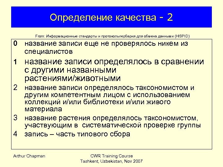 Определение качества - 2 From: Информационные стандарты и протоколыгербария для обмена данными (HISPID) 0
