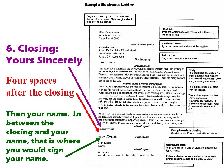 6. Closing: Yours Sincerely Four spaces after the closing Then your name. In between